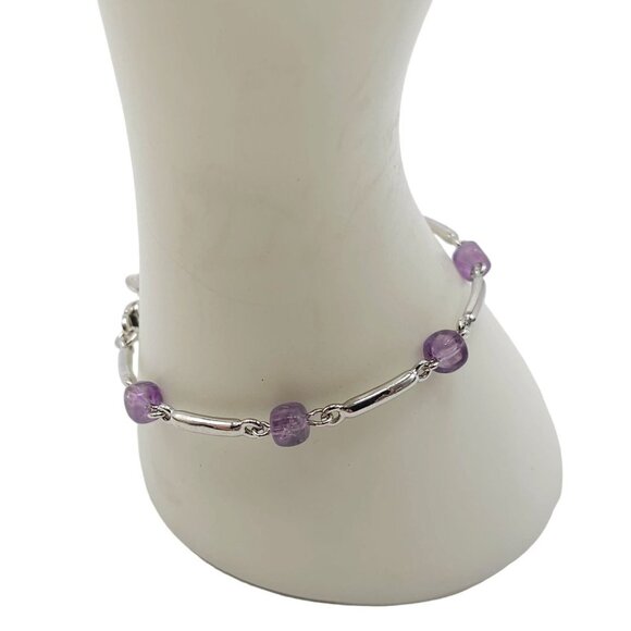 Monet Purple Beaded Station Link Bangle Bracelet Silver Tone Vintage - Picture 2 of 4